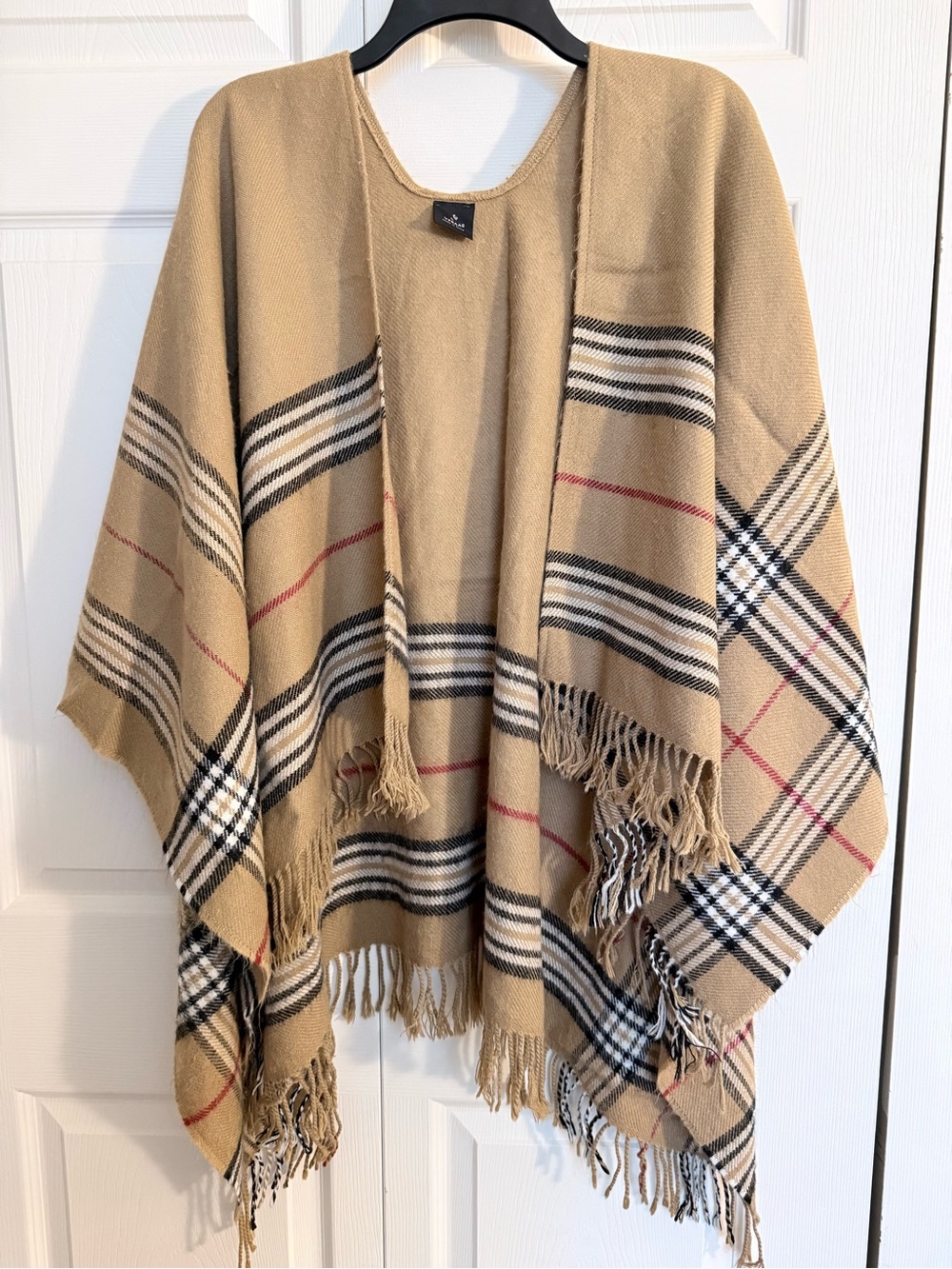 V. FRAAS Camel Plaid Fringe Open-Front Poncho